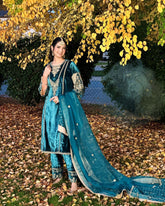 Buy Designer Viscose Velvet Embroidery sequence Work With Sleeves Teal Blue Color Sharara Suit